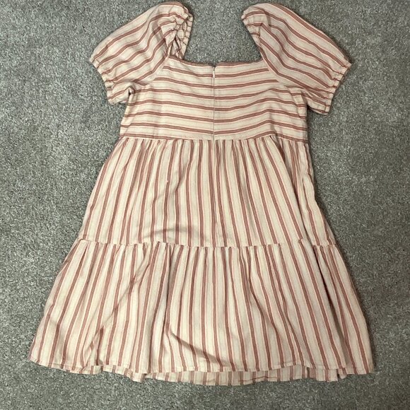 Loft Puff Sleeve Mini Dress Womens 4 Square Neck Cottage Babydoll Striped Tiered - Picture 3 of 9
